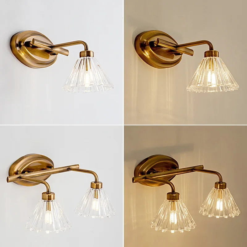 applique murale vintage led 2 ou 4 têtes abat-jour bronze clair