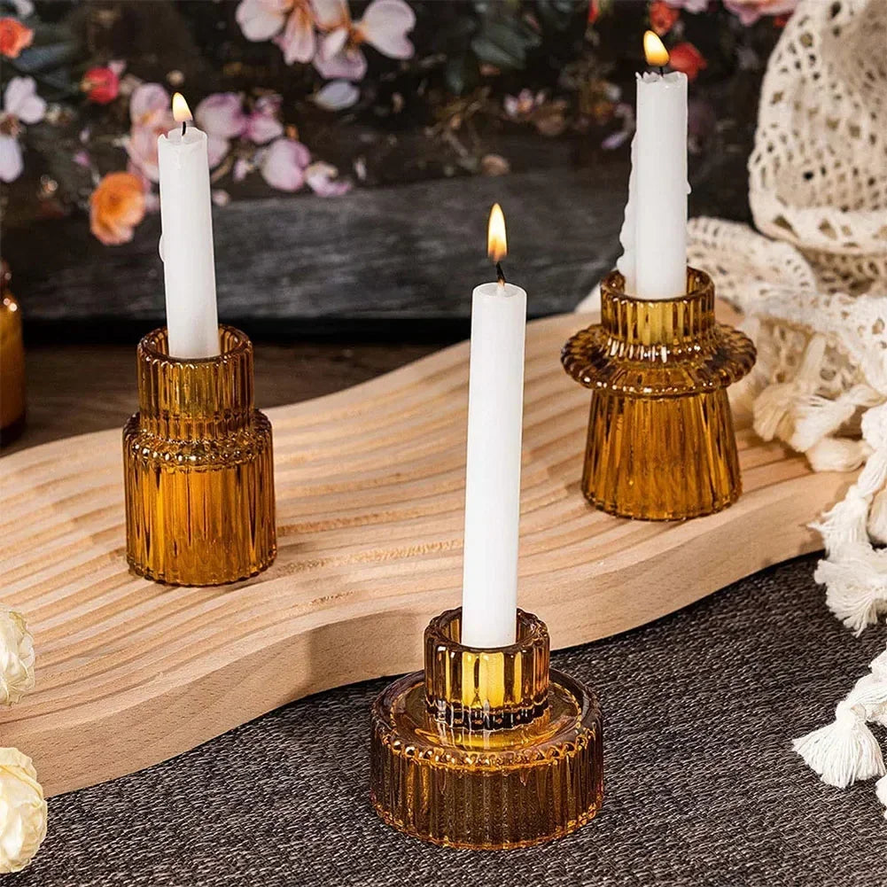 3PCS Set Glass Candlestick,Stick Candle Holder,Transparent Pink Green Amber Color,Wedding Romantic Table Candle Stand,Home Decor - vue 4 sur 8