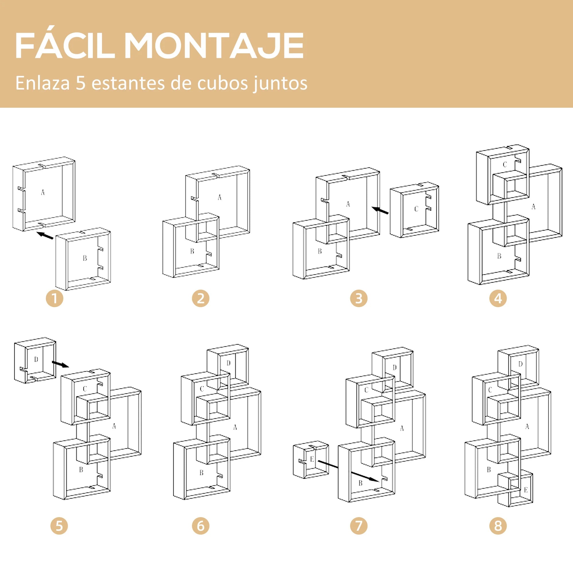 HOMCOM wall shelf with 5 cubes for living room bedroom 49,5x10,2x86 cm - vue 5 sur 6