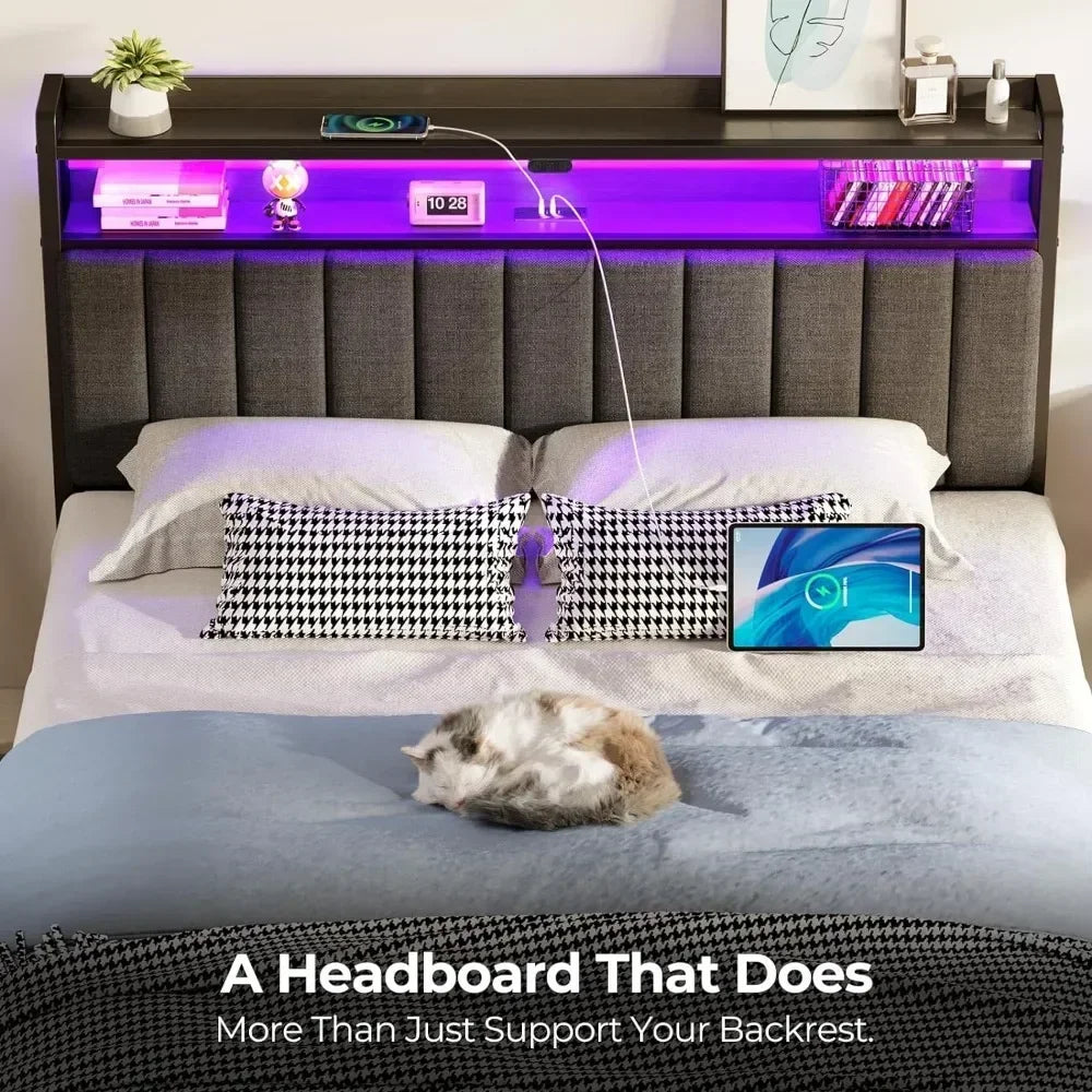 Headboard for Full/Twin/Queen Bed with Storage, 60,000 DIY Color of LED Light, with USB, Height Adjustable, Black Upholstered - vue 5 sur 8