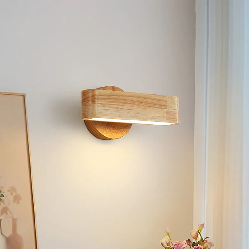 Applique murale intérieure moderne pour chevet chambre salon enfants escalier couloir fond veilleuse lampe circulaire en bois - vue 3 sur 8