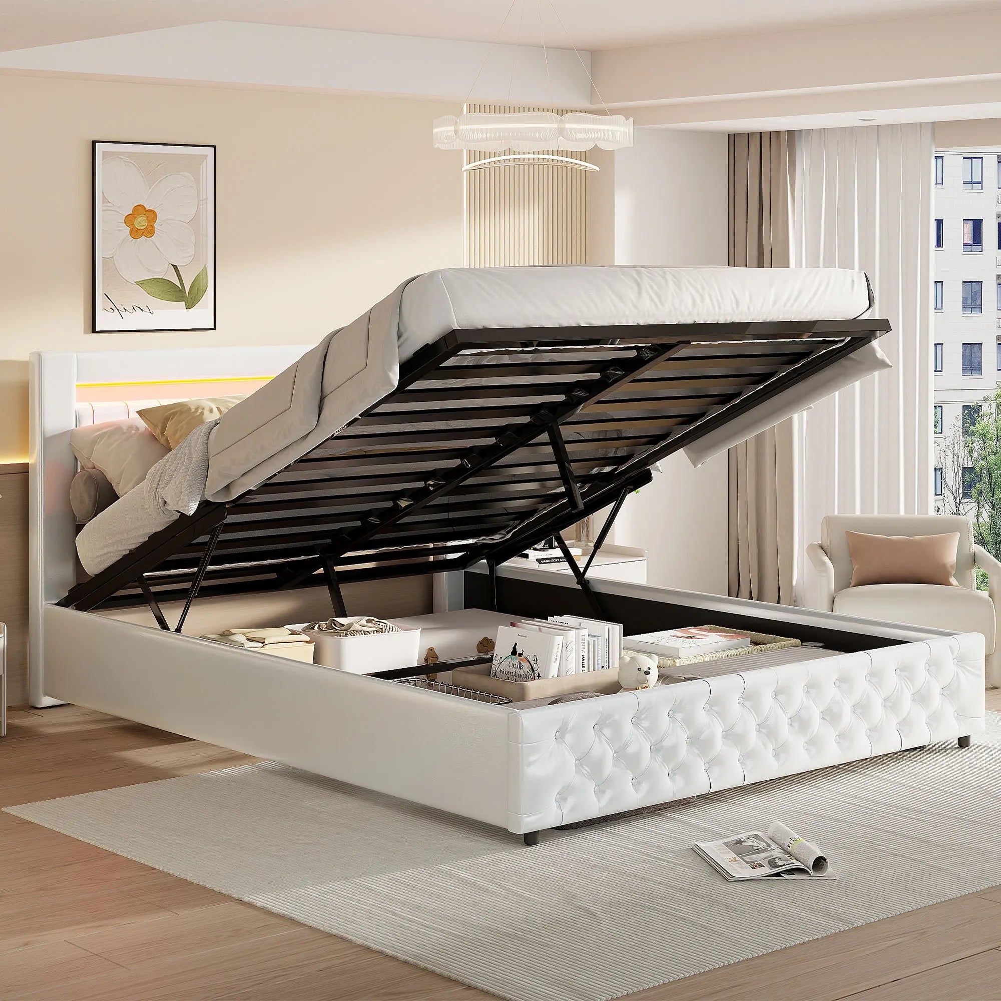 Upholstered Bed, Double Bed, PU Bedside Lamp, Hydraulic Functional Storage Bed, Headboard and Slatted Base, Padded Backrest - vue 6 sur 9