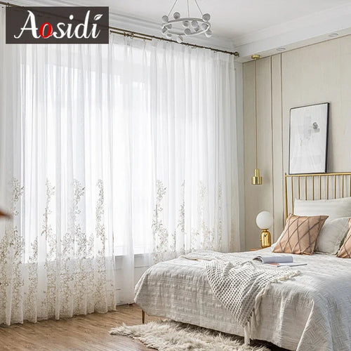 Voilage tulle brodé floral rideau moderne salon chambre - vue 3 sur 7