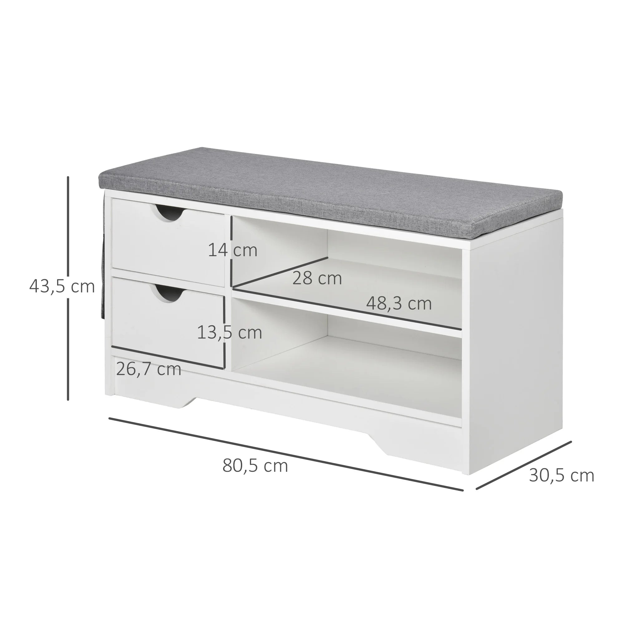 HOMCOM bench shoe rack with seat and 2 drawers 80.5x30.5x43.5 cm white and gray - vue 3 sur 6