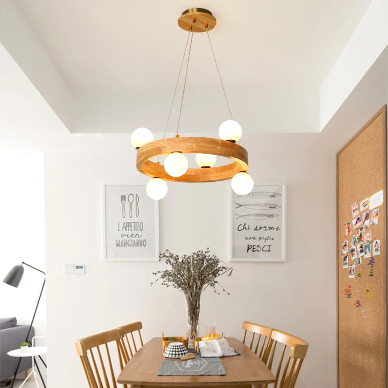 lustre nordique en bois rond créatif japonais - vue 3 sur 13