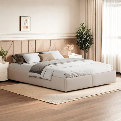Upholstered Bed, Linen Fabric, without Headboard, Storage Bed, with Slatted Frame and 2 Storage Drawers, Beige, 140 x 200 cm - vue 4 sur 8