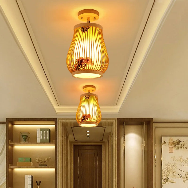 Plafonnier en bois naturel Lampe en bambou Multi Style Tricoté à la main Salon Chambre Éclairage Déco - vue 6 sur 11