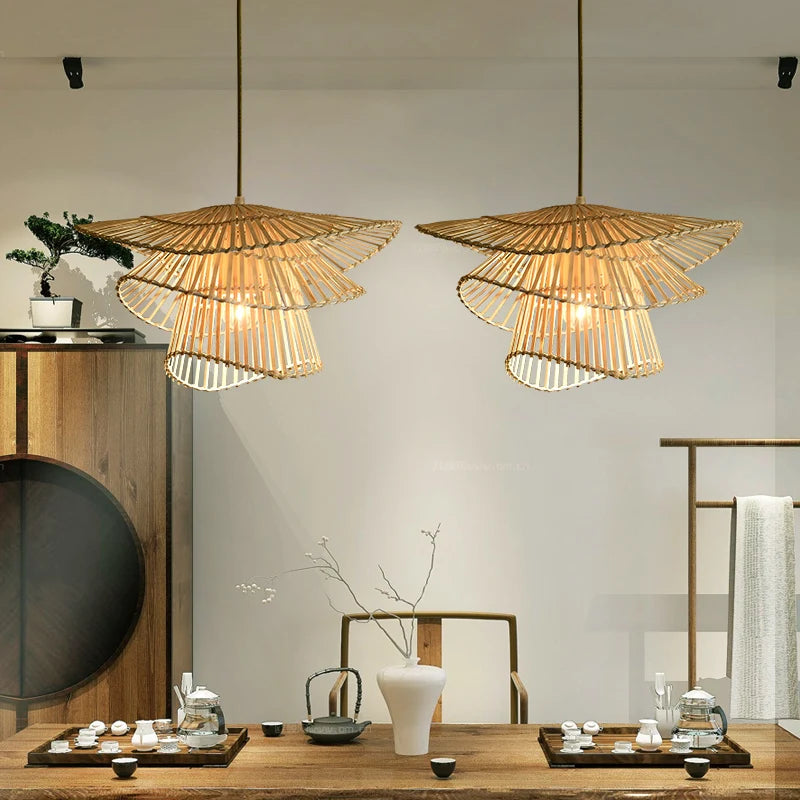 lustre led en bambou rotin créatif pour décoration maison - vue 6 sur 9