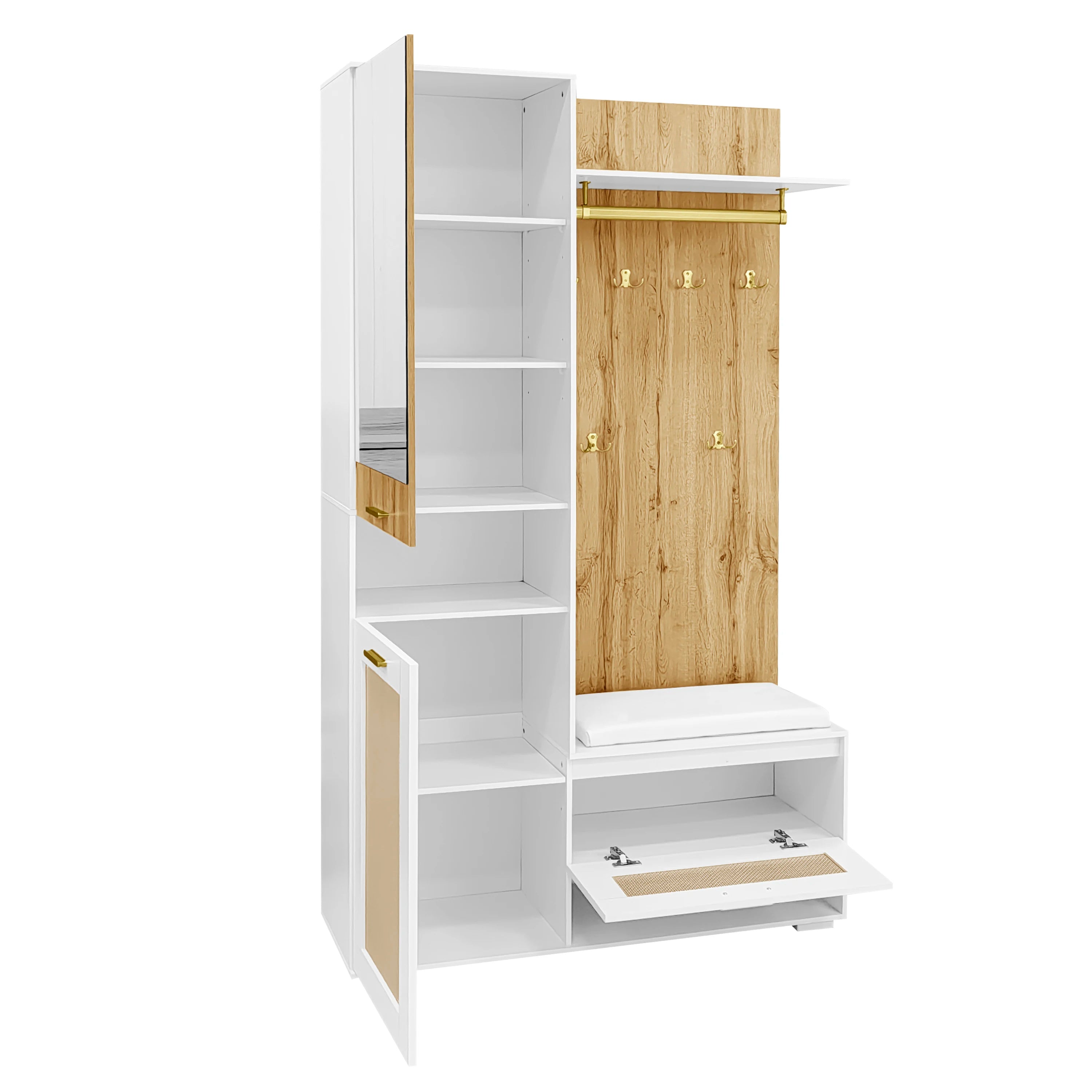 Wardrobe set, wardrobe set with mirror, 5 gold dresses hooks, shoe cabinet, wall wardrobe, top storage compartment, bench seat - vue 2 sur 6