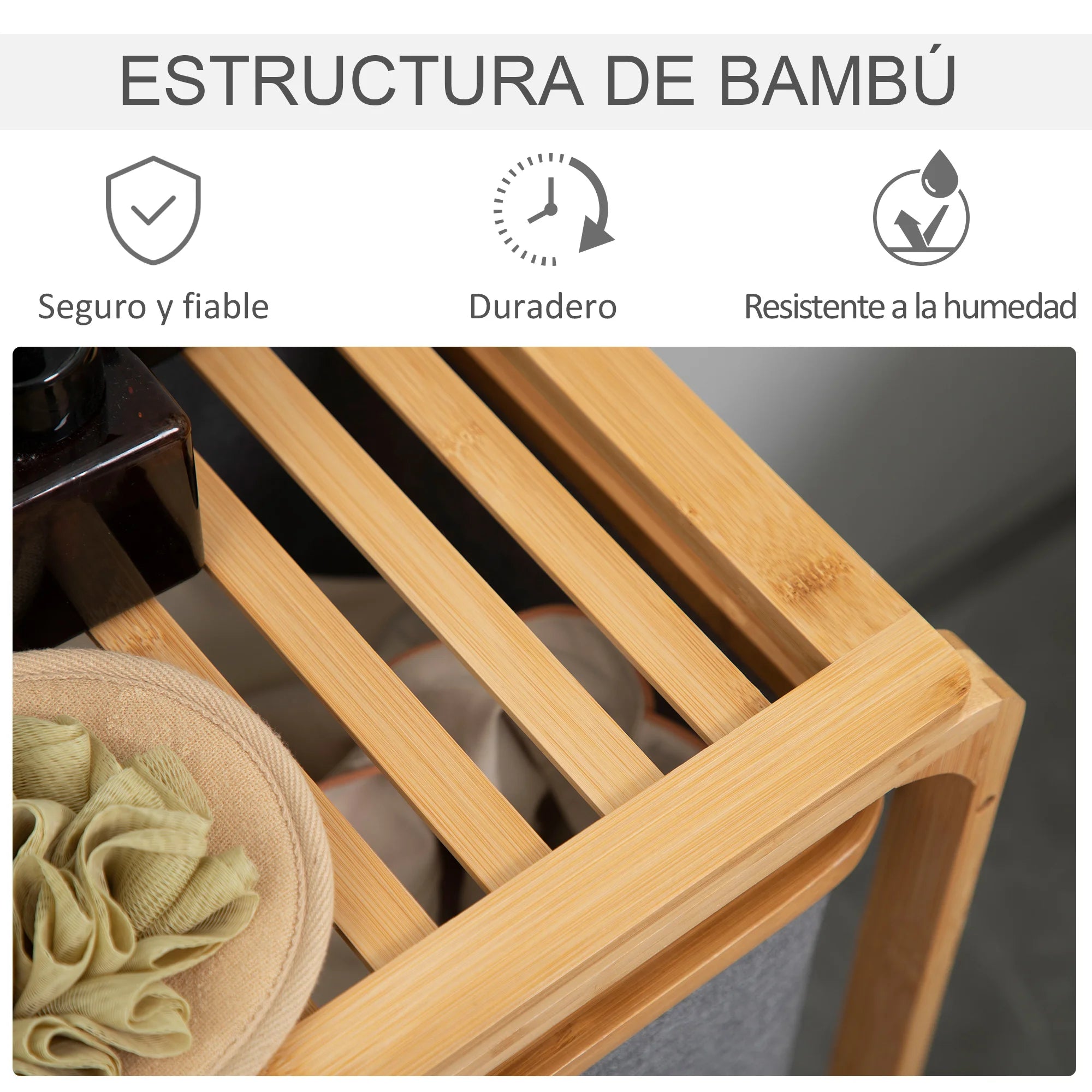 HOMCOM bamboo laundry hamper 3 removable fabric bags 50x32x69,7 cm - vue 6 sur 7