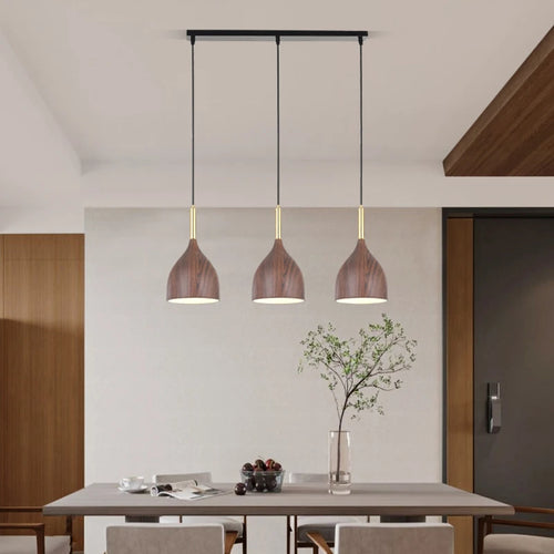 Nordic metal chandelier with wood-effect for minimalist interior decor - vue 3 sur 14