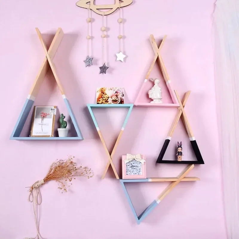 Triangle Wooden Shelf for Wall Decoration, Decorative Crafts, Storage Holder, Living Room, Kids Room - vue 5 sur 10