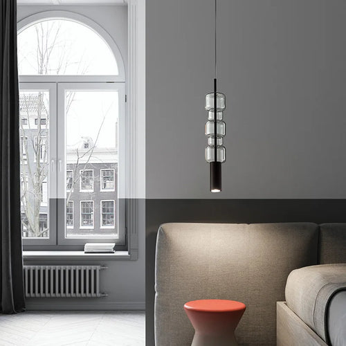suspension moderne en verre avec luminaires en métal doré et noir - vue 4 sur 8