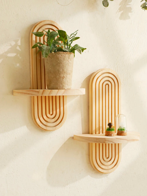 1Pc Boho Style Wooden Wall Shelves - Geometric Wall Mounted Shelves, Natural Wood Finish, Modern Home Decor, Plant Decorative - vue 2 sur 7