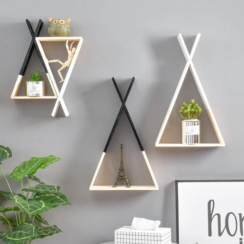 Triangle Wooden Shelf for Wall Decoration, Decorative Crafts, Storage Holder, Living Room, Kids Room - vue 5 sur 10