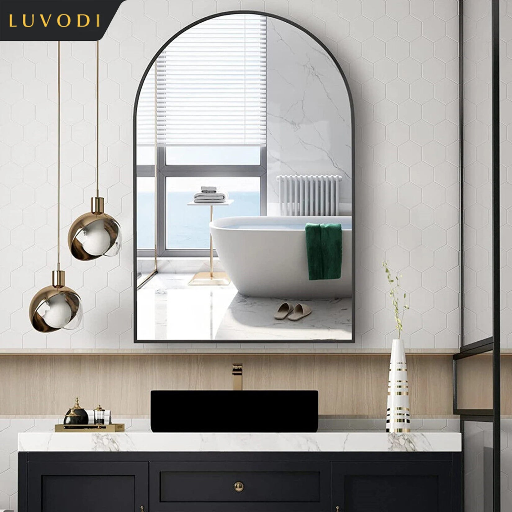 LUVODI Home Decorative Mirror with Black Arched Frame for Bathroom, Entryway, Living Room - vue 4 sur 7