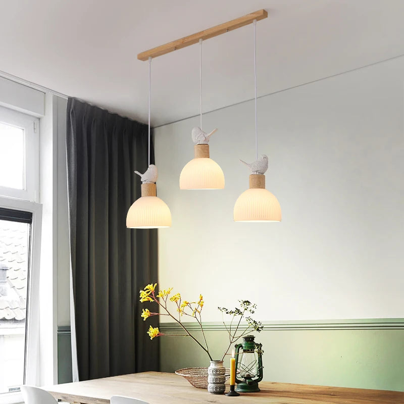 lustre led en bois avec abat-jour en verre blanc - vue 4 sur 8