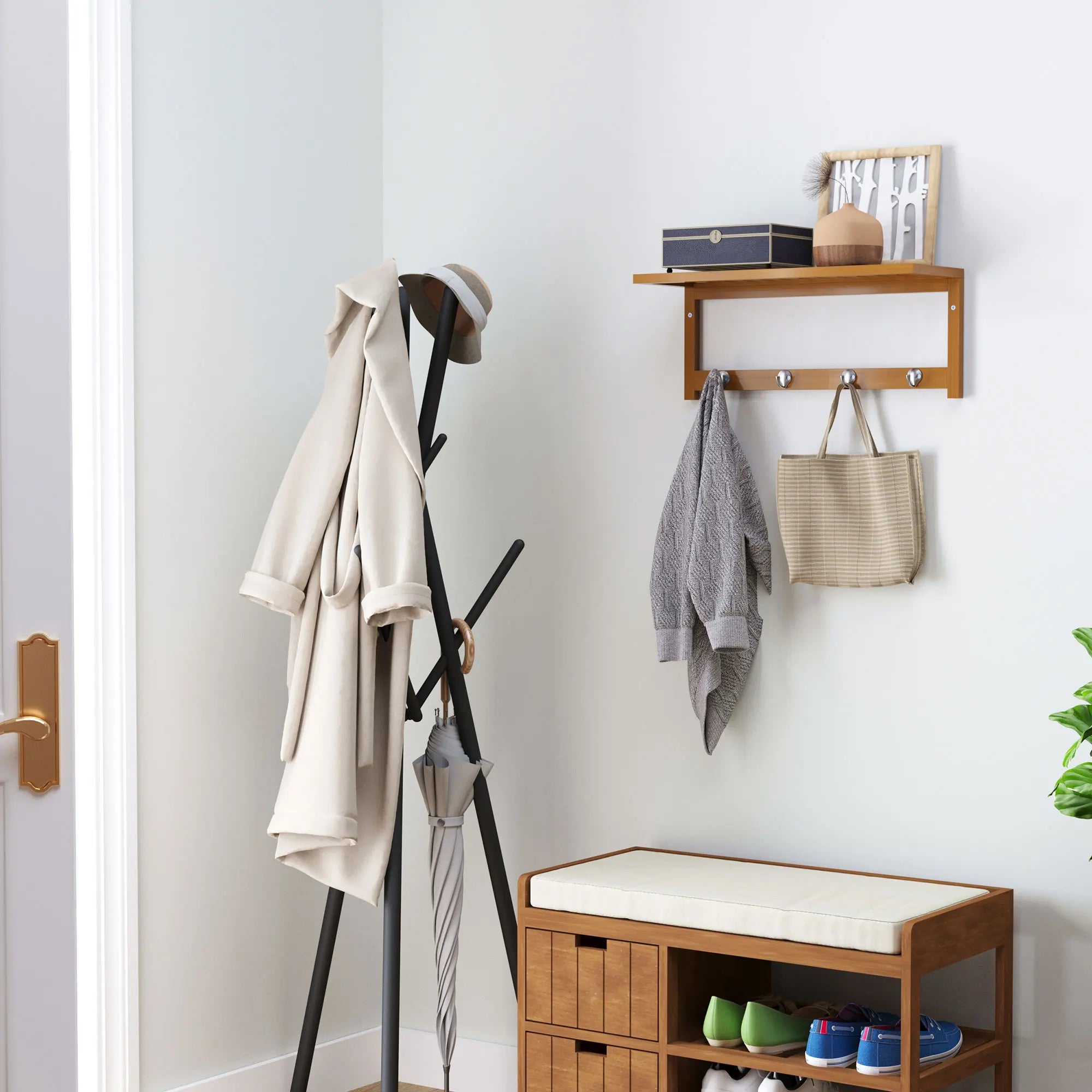 HOMCOM Wall hanger bamboo 4 hooks rack Wall towel rack 50x16x17.5cm