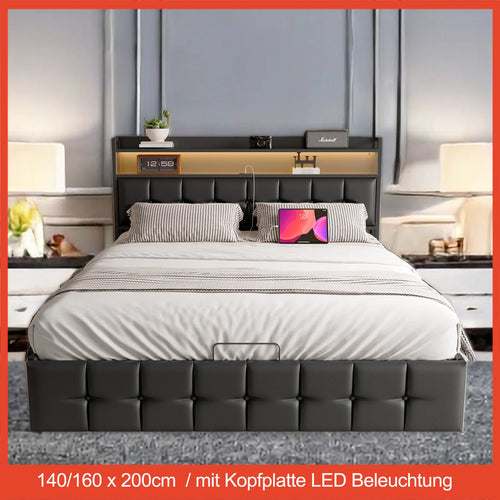 Storage Bed,Upholstered Bed 140/160x200cm,Headboard with LED Lighting and Charging USB,Double Bed with Storage Space,No mattress - vue 2 sur 6