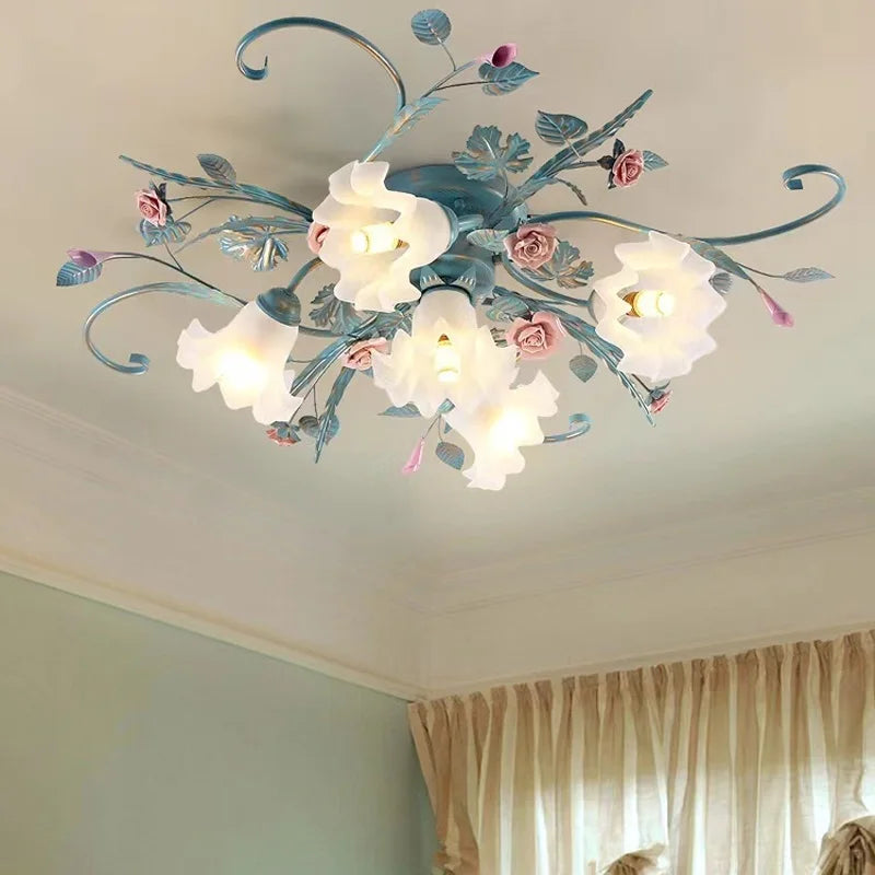 Romantique Chaud Fleur Plafonniers Fer Princesse Chambre Lampe Fille Salle De Mariage Luminaires Plafonniers Suspendus Pour La Maison Chambre