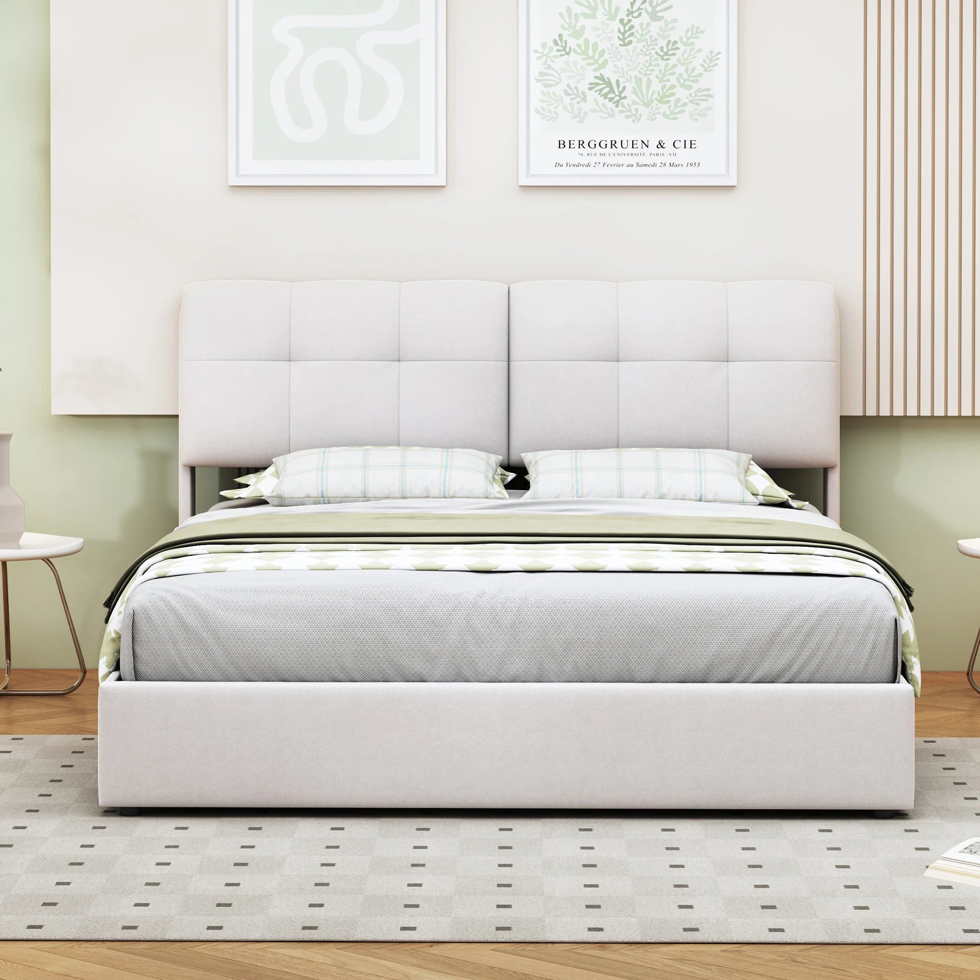 Double Bed with Storage Space,Upholstered Bed 140/160 x 200cm,Headboard with LED Lighting and USB Port,No Mattress,Velvet Beige - vue 3 sur 6