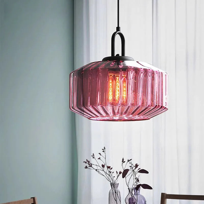 lustre rétro suspendu en verre avec lumière led décorative - vue 4 sur 9