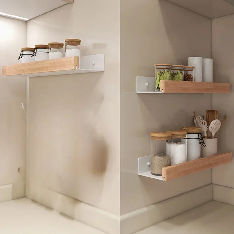 Bathroom Storage Shelves，Wooden bathroom Rack Wall-Mounted Punch-Free, Seasoning Board shower Storage Rack，bath shelf organizer - vue 5 sur 8
