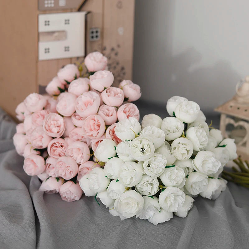 bouquet de 27 roses et pivoines artificielles en soie décoratives - vue 6 sur 12