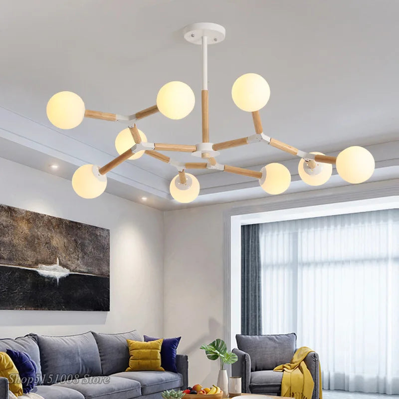 lustre moderne en verre et bois lumière nordique suspendue