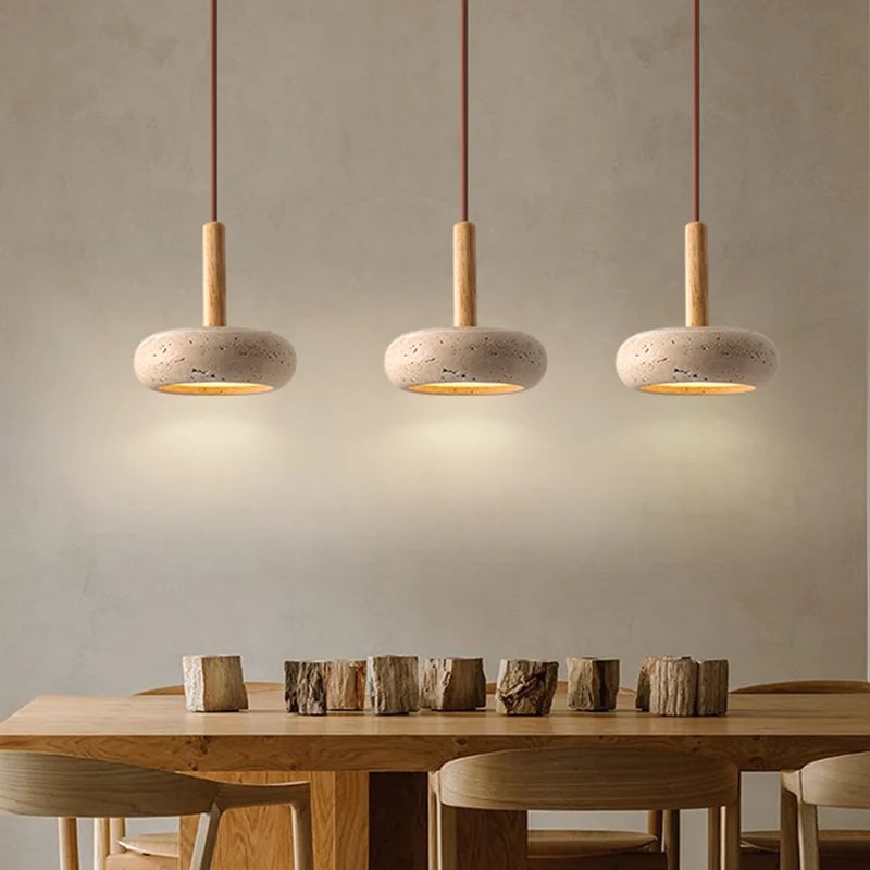 lustre led en travertin avec suspension en pierre naturelle - vue 4 sur 6