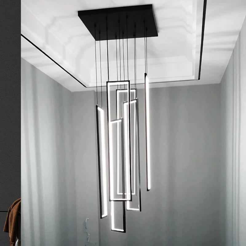 Grand lustre Or noir LED maison intérieur salon escalier Hall rectangulaire - vue 5 sur 15