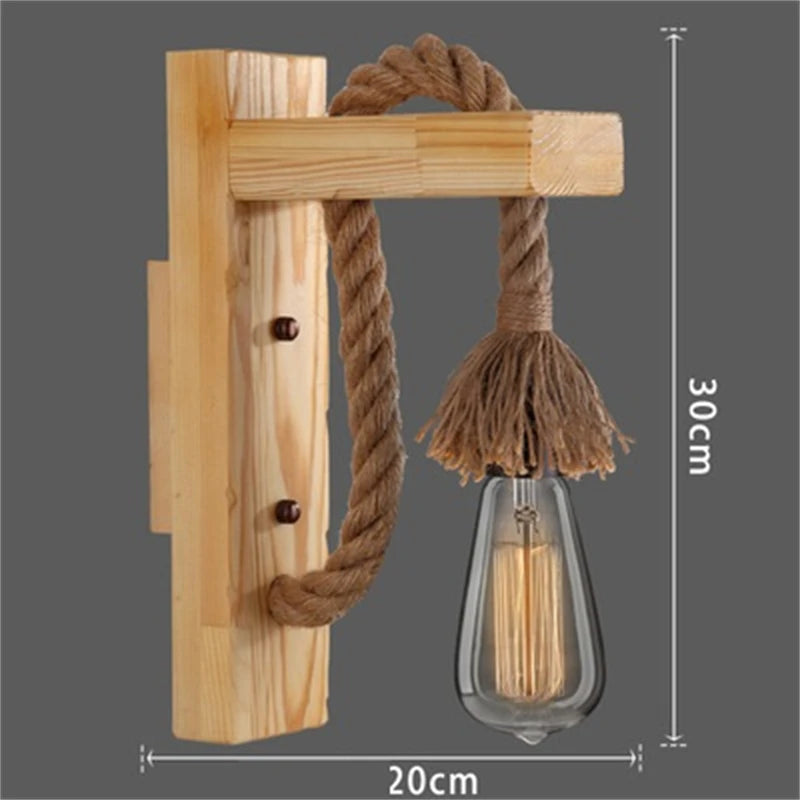 Vintage industrial wood and hemp rope LED wall light loft