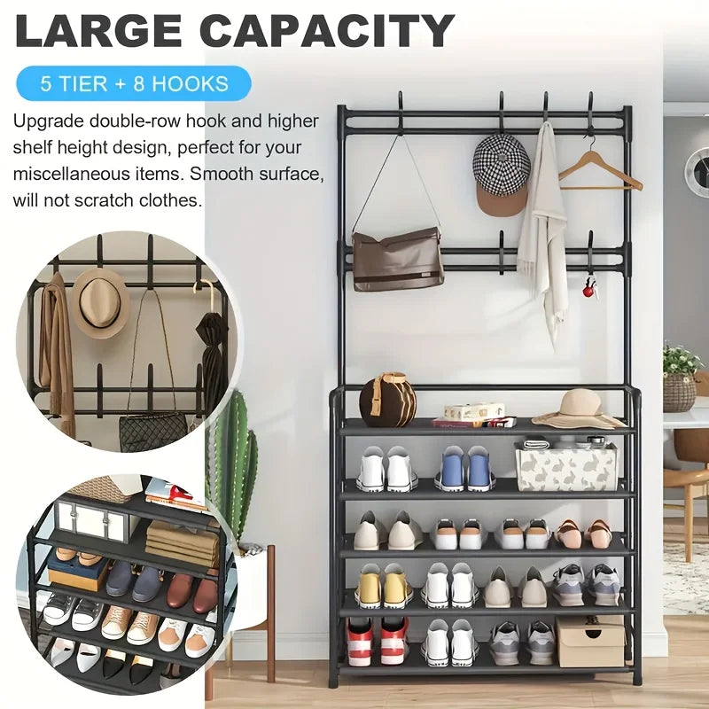 1 Piece 4/5 Ply 23" Carbon Steel, Multipurpose Clothes and Shoe Rack, Black/White, Self Assembly Required - vue 3 sur 9