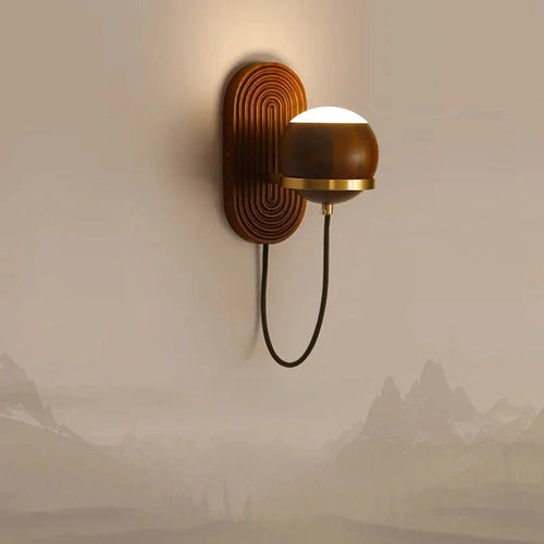 Walnut Wood Circular Sphere, Modern style Wabi-sabi minimalist Wall Sconce light for Bedroom, Bedside, Living, Dining Room - vue 4 sur 8