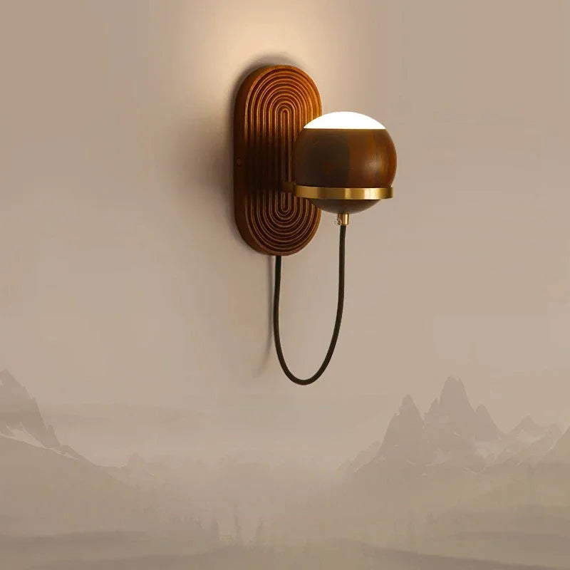 Walnut Wood Circular Sphere, Modern style Wabi-sabi minimalist Wall Sconce light for Bedroom, Bedside, Living, Dining Room - vue 3 sur 8