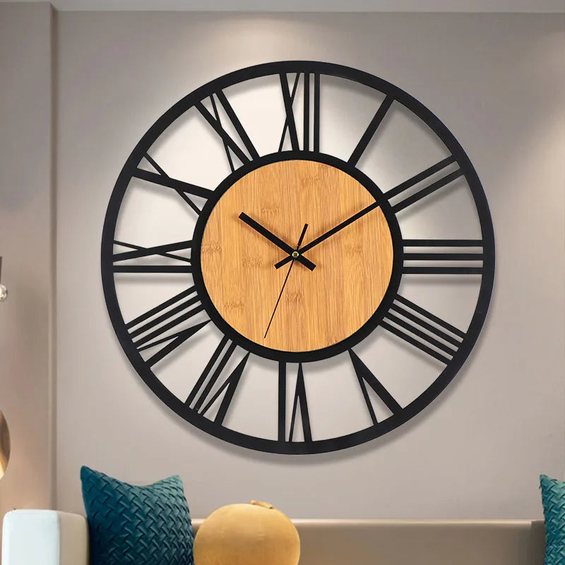 horloge murale 3D rétro avec chiffres romains en bois et métal - vue 4 sur 7
