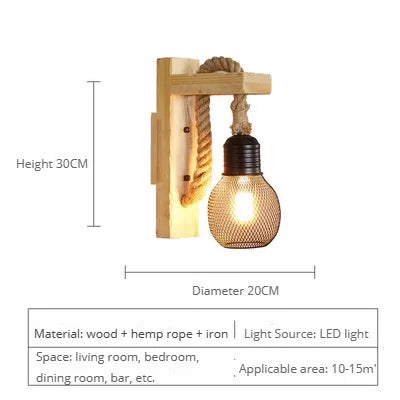 Vintage industrial wooden wall light with hemp rope - vue 13 sur 17