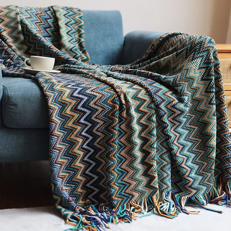 plaid boheme tisse doux avec pompons pour canape