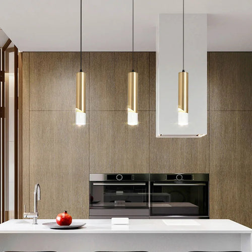 lustre led cylindrique minimaliste en fer et cristal clair