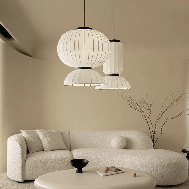 Lustre boule ovale en tissu style soie japonaise design - vue 3 sur 8