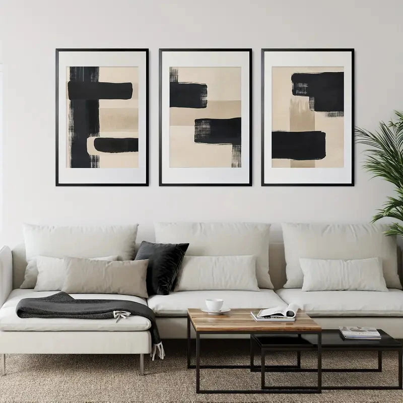 3件/Set Simple Beige and Black Abstract Poster Canvas Art Print, Bohemian Wall Background Wall Decoration, Modern Living Room