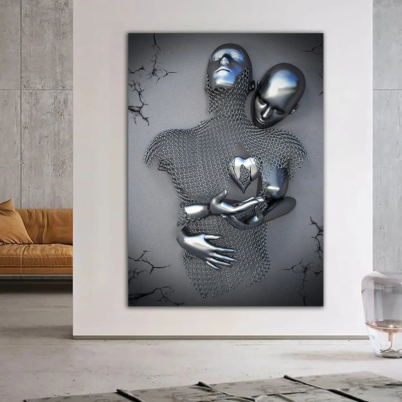affiche couple amour câlin baiser décoration murale paillettes argentées
