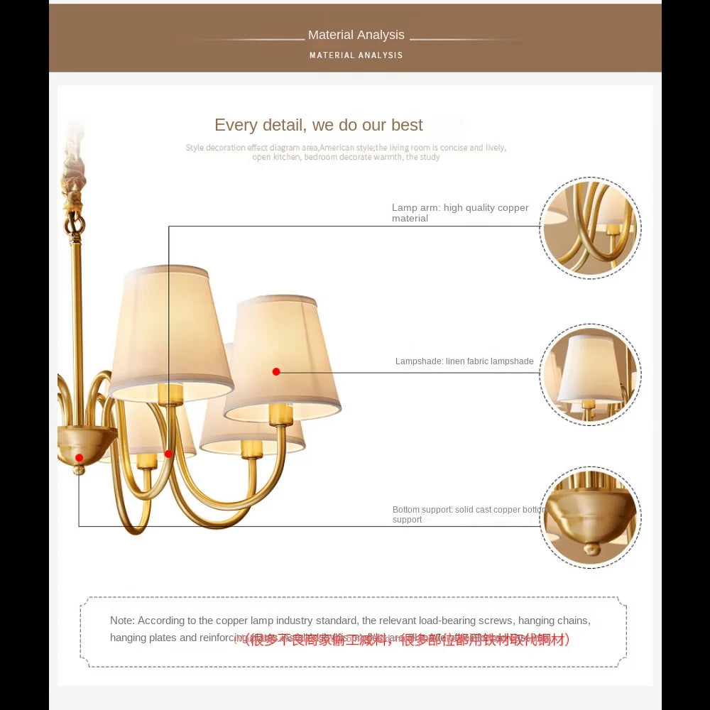 lustre à led en cuivre américain pour décoration intérieure élégante - vue 5 sur 12