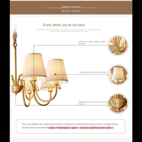 lustre à led en cuivre américain pour décoration intérieure élégante