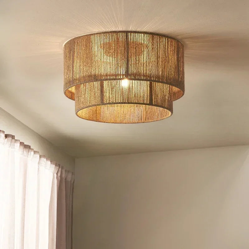lustre rétro en rotin tissé pour décoration campagnarde chaleureuse - vue 4 sur 14