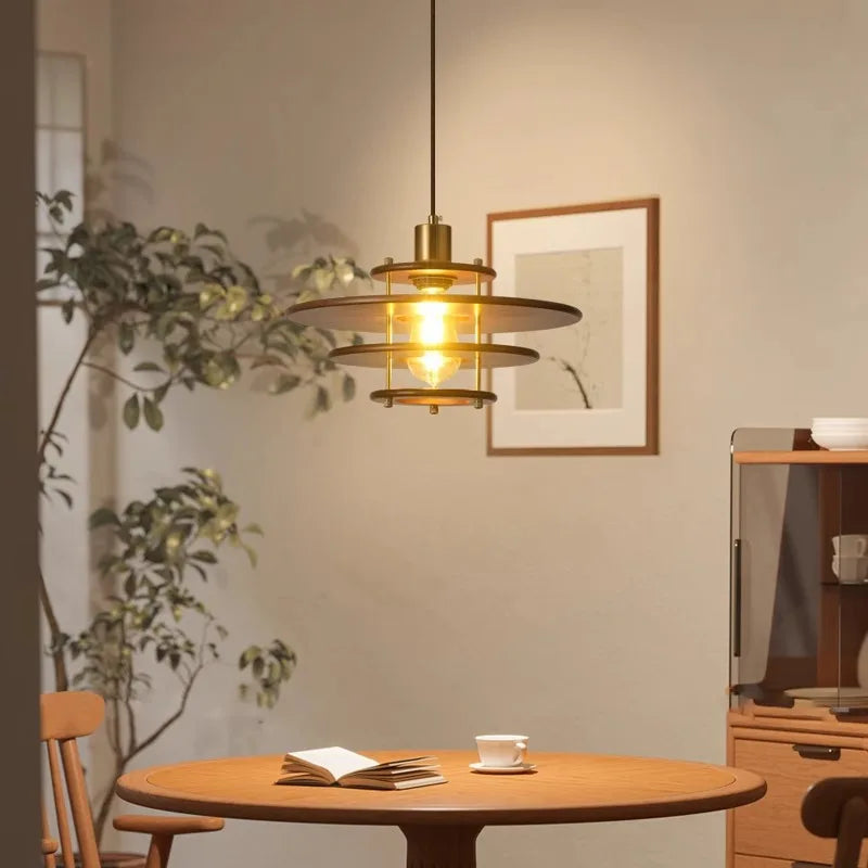 lustre en bois massif soucoupe volante design rétro pour bar et restaurant - vue 3 sur 6