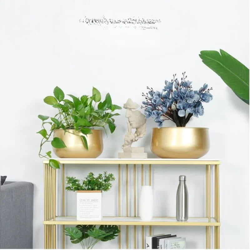 pot de fleurs rond en métal doré pour plantes et décorations - vue 5 sur 8
