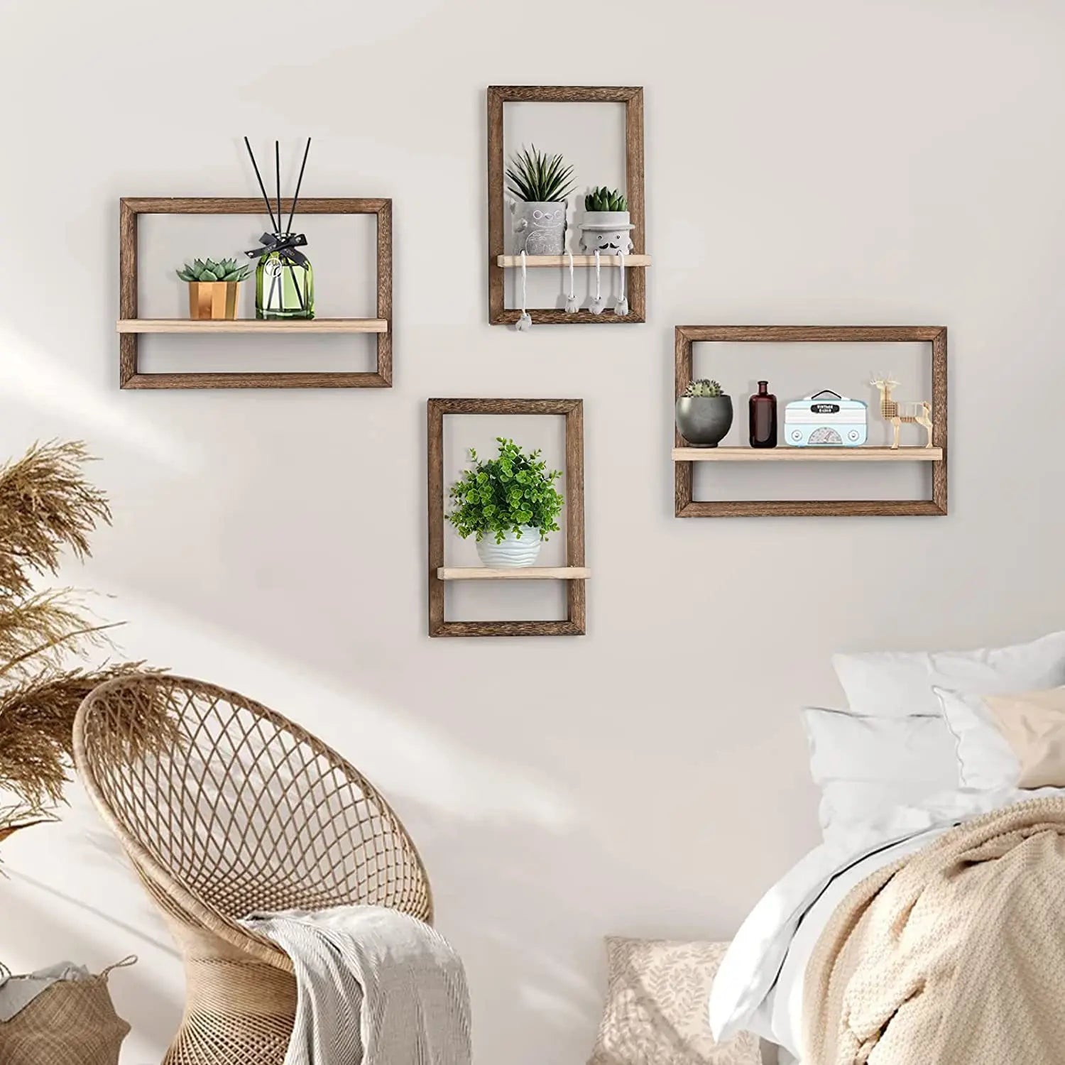 Wood Floating Wall Shelves Hanging Shelves for Wall Storage Rustic Farmhouse Decor for Bedroom Bathroom , Living Room Kitchen - vue 6 sur 10
