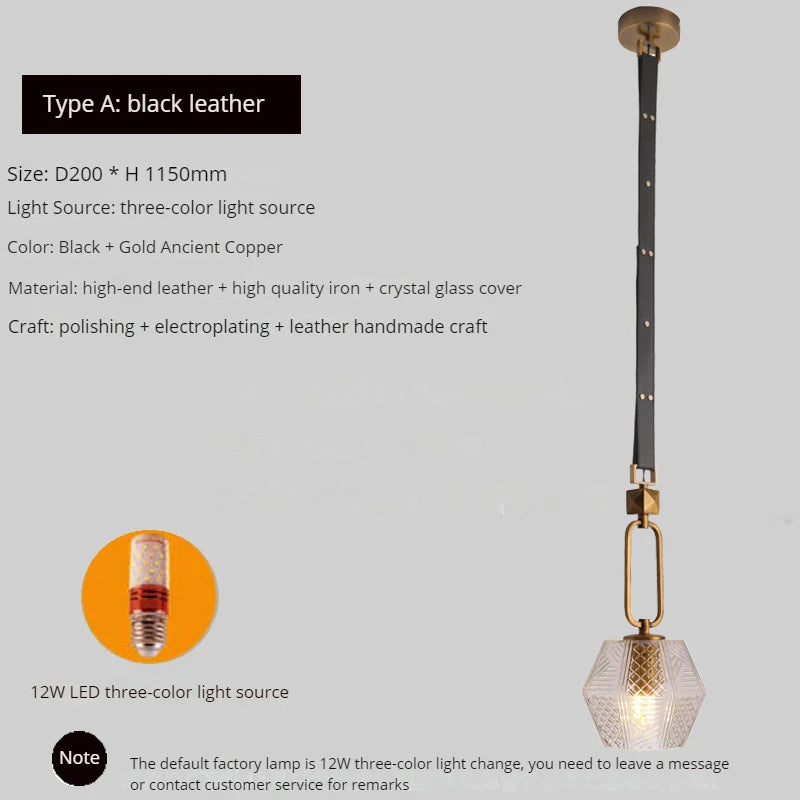 lustre moderne en cuir avec suspension lumière et verre cristal - vue 5 sur 14
