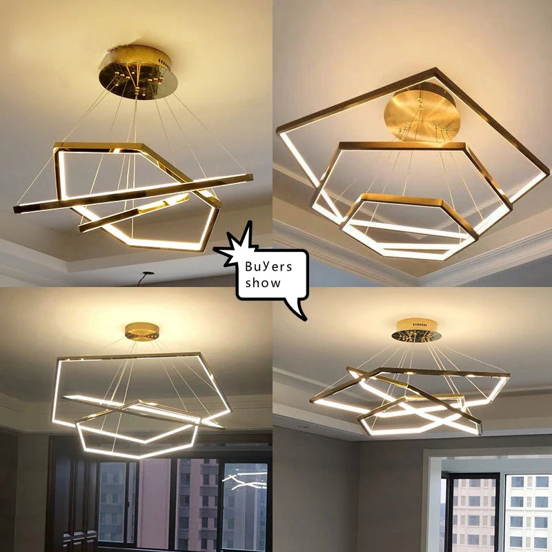 Minimalist luxury gold geometric chandelier with LED - vue 6 sur 14
